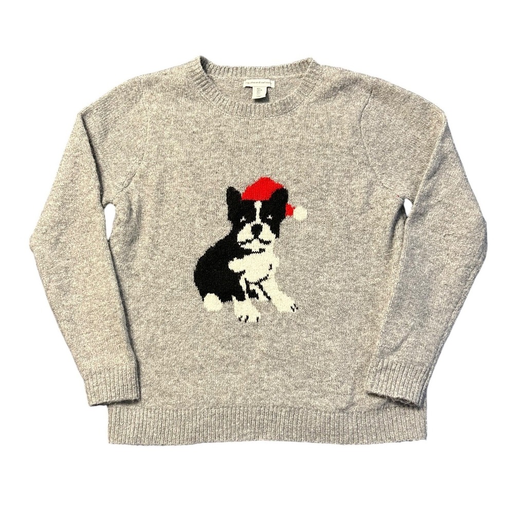 Cupcakes and Cashmere Gray French Bulldog Santa Hat Christmas Sweater Womens L